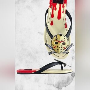 Black and Red Horror-Themed Sandals with Slip-On Design